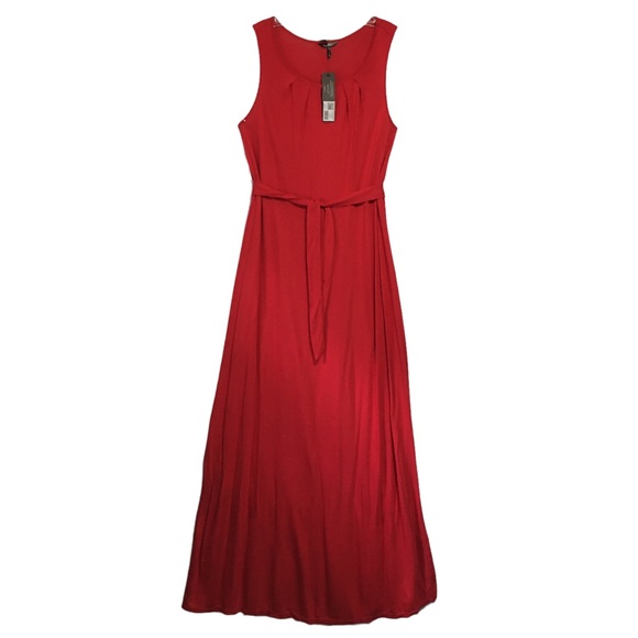 Daisy Fuentes LG Maxi Dress Red Sleeveless Keyhole pleated neck NWT - Picture 1 of 10